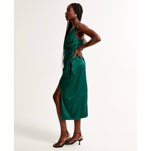Abercrombie & Fitch A&F Satin Green Draped Wrap Midi Dress Large Petite - Picture 4 of 12